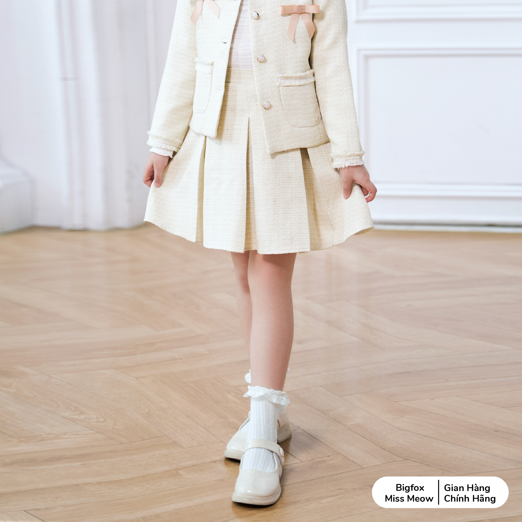 Chân váy bé gái xếp ly BIGFOX MISS MEOW màu trắng vải dạ tweed 2 lớp mùa thu đông size đại kiểu Hàn cỡ 6-11 tuổi 2005