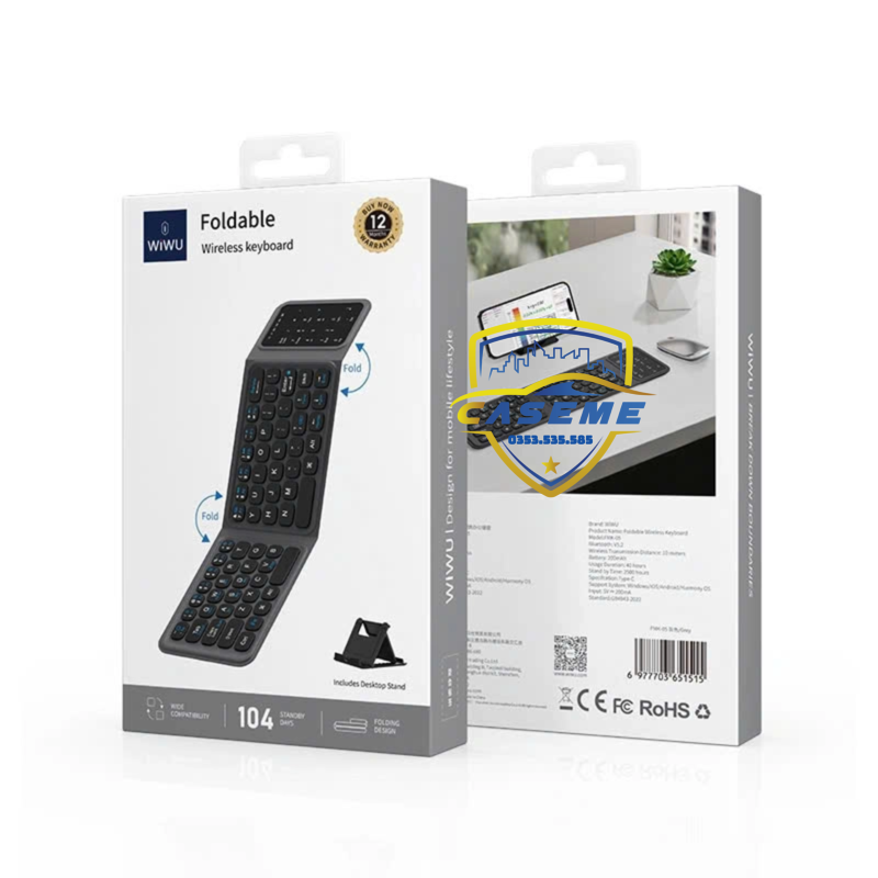 Bàn Phím Bluetooth Gập Gọn hiệu Wi WU FMK-05 – Kết Nối Nhanh V5.2, Kèm Túi Đựng &amp; Giá Đỡ, Pin 40 Giờ – Hàng Nhập Khẩu