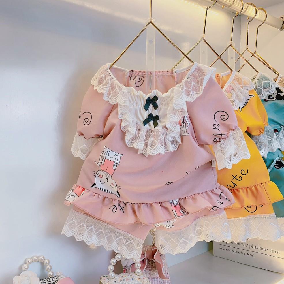 Bộ Ngủ Pijama Cộc Tay Bé Gái Chất Kate Hàn Phối Viền Ren - Babi mama
