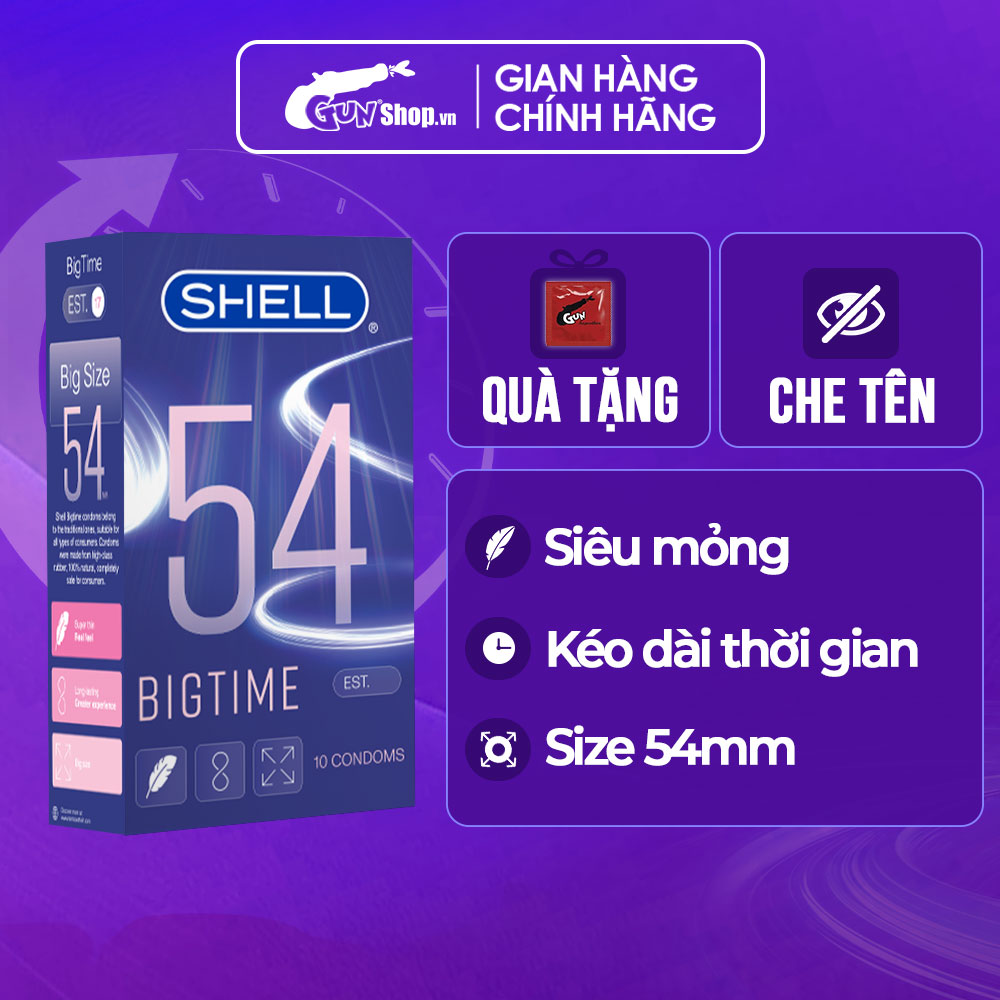 Bao cao su Shell Bigtime - Size 54mm, siêu mỏng, kéo dài thời gian - Hộp 10 cái