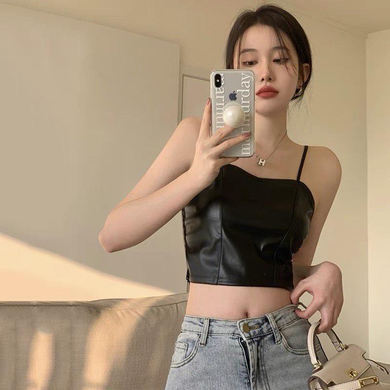 M33. Áo 2 dây da croptop chun lưng sẵn đệm ngực cá tính, áo nữ kiểu croptop da sang chảnh 2023