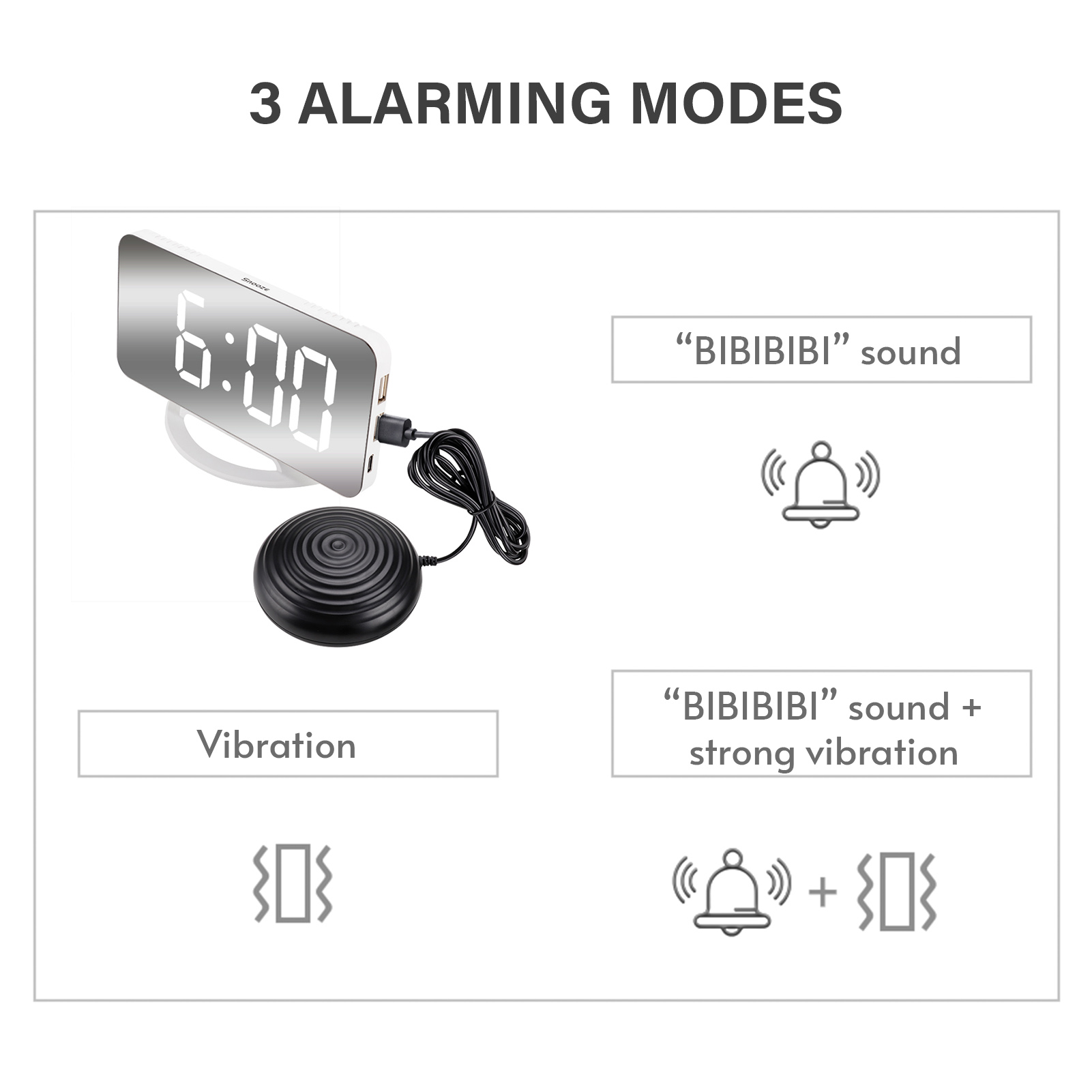 Đồng hồ báo thức rung kỹ thuật số với màn hình gương rõ ràng lớn có thể điều chỉnh Độ sáng, Cổng USB kép, Chế độ báo lại
