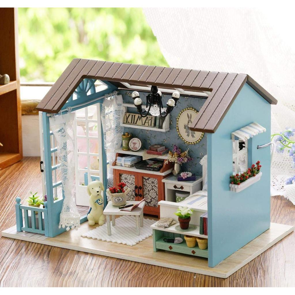 Mô hình nhà DIY Doll House American Retro Style Kèm Đèn LED và MICA chống bụi