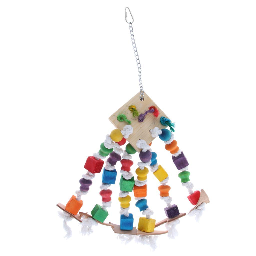 2 Pcs Hanging Toys for Pet Parrot,Colorful Wood Blocks Loofah Leather Swing