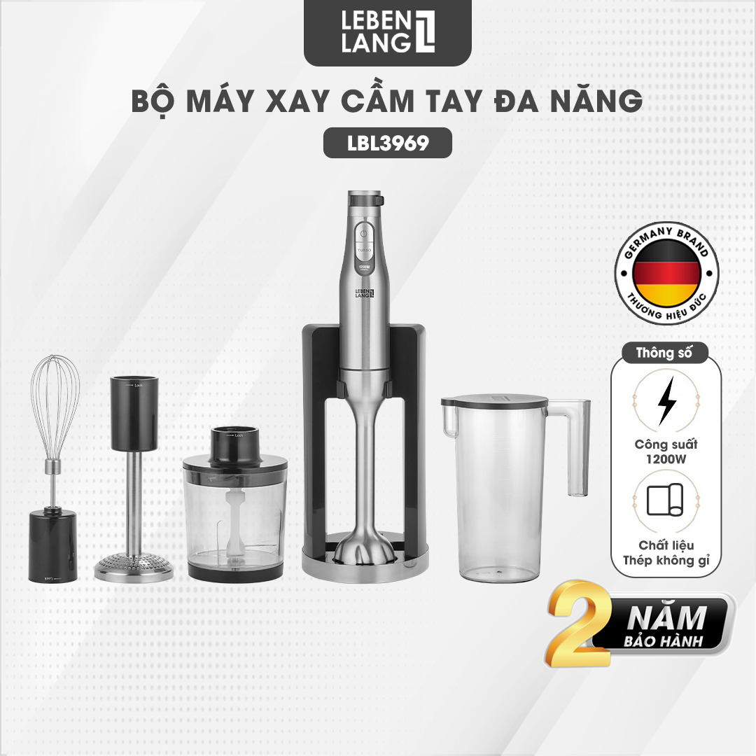 Máy xay sinh tố cầm tay đa năng Lebenlang LBL3969, nhiều đầu thay thế, công suất 1200W, lưỡi dao inox 304, 7 mức độ xay, dễ dàng tháo rời, bảo hành 2 năm - hàng chính hãng