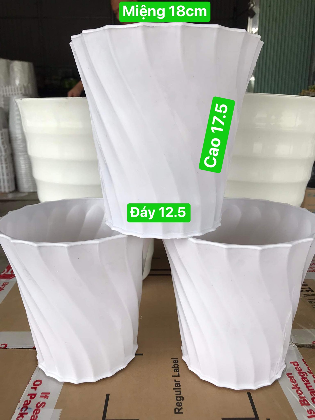 Chậu trồng hoa khía xoắn màu trắng nhựa dày đẹp 18cm x 17.5cm x12.5 cm