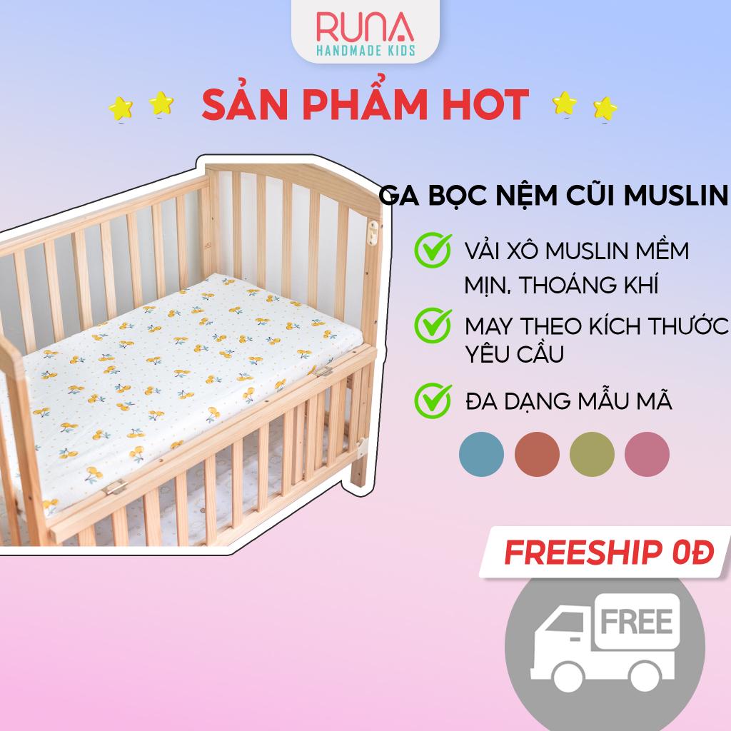 Ga bọc nệm cũi cho bé RUNA KIDS chất liệu vải xô Muslin mềm mại thấm hút tốt