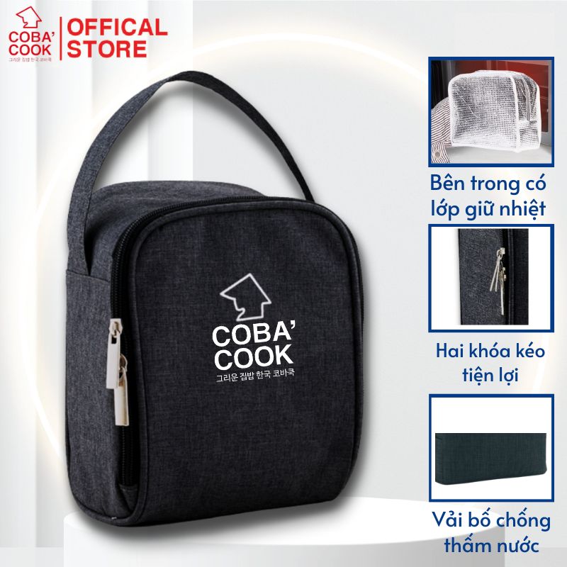 Túi đựng hộp cơm hình vuông logo COBA'COOK- 3 hộp dung tích 370 ml. Giấy bạc giữ nhiệt và 2 khóa kéo tiện dụng-CBS