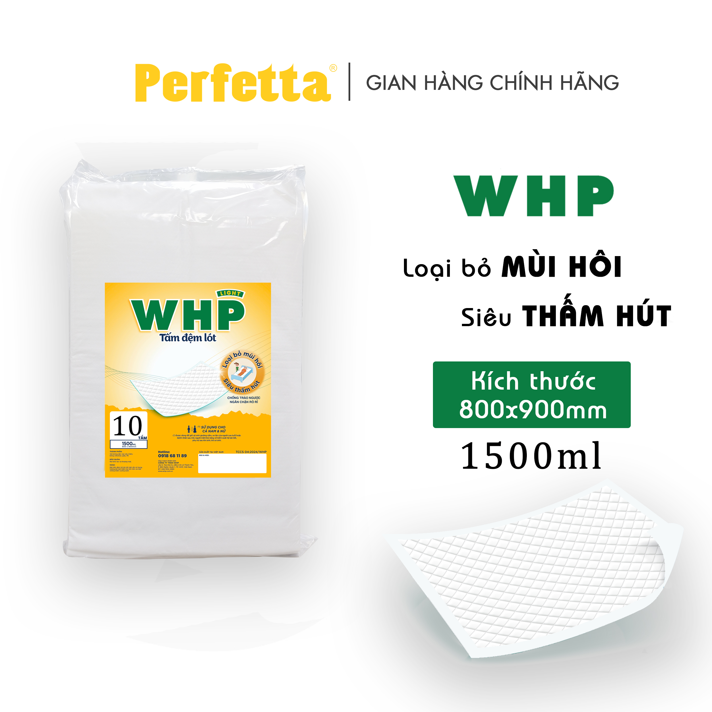 Tấm Đệm Lót WHP Underpad, Siêu Thấm Hút, Chống Trào Ngược, Khử Mùi Hiệu Quả Size 80x90 cm (8 miếng/túi)