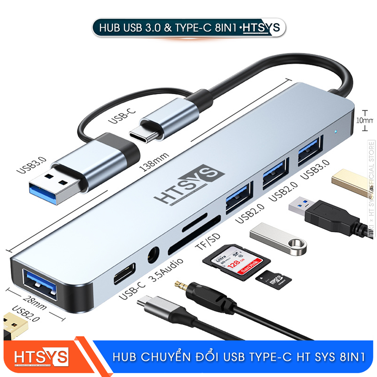 Hub Chuyển Đổi USB Type C HT SYS 8 in 1 To USB 3.0, SD, TF, USB C, Audio 3.5 - Hàng Chính Hãng