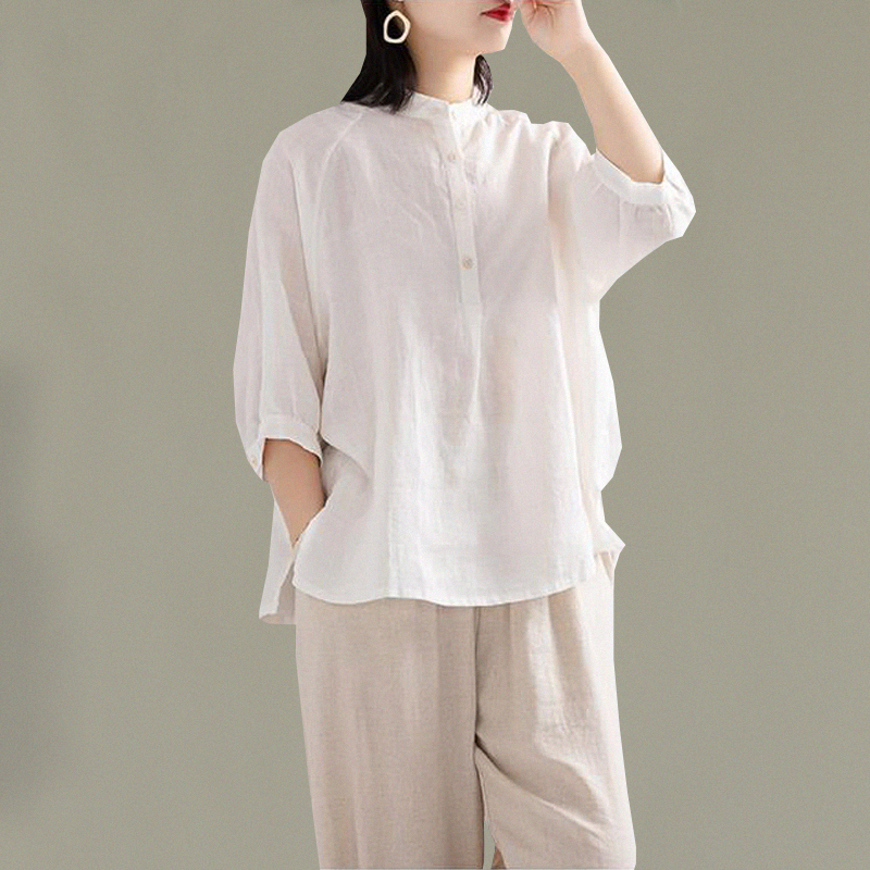 Áo sơ mi nữ linen cổ tầu form rộng tay cánh dơi, thời trang phong cách trẻ – Trắng – M