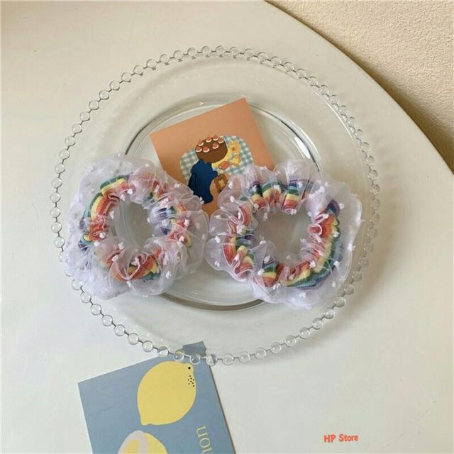 Cột Tóc Cầu Vồng Scrunchies Vải Ren Chấm Bi Phồng To