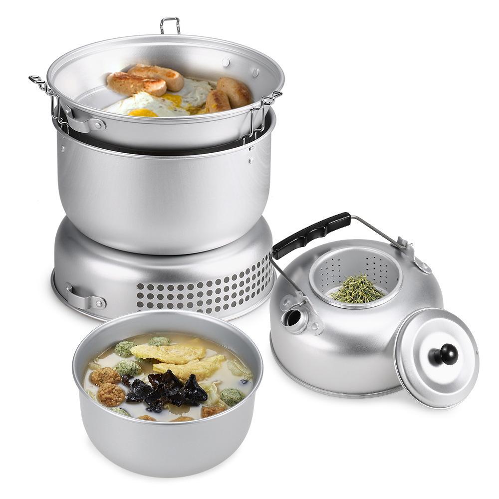 Aluminum Alloy Camping Alcohol Stoves Kit Portable Picnic BBQ Furnace Windproof Alcohol Stoves Outdoor Cooking Furnace Bowl Pot Kettle Accessory Set