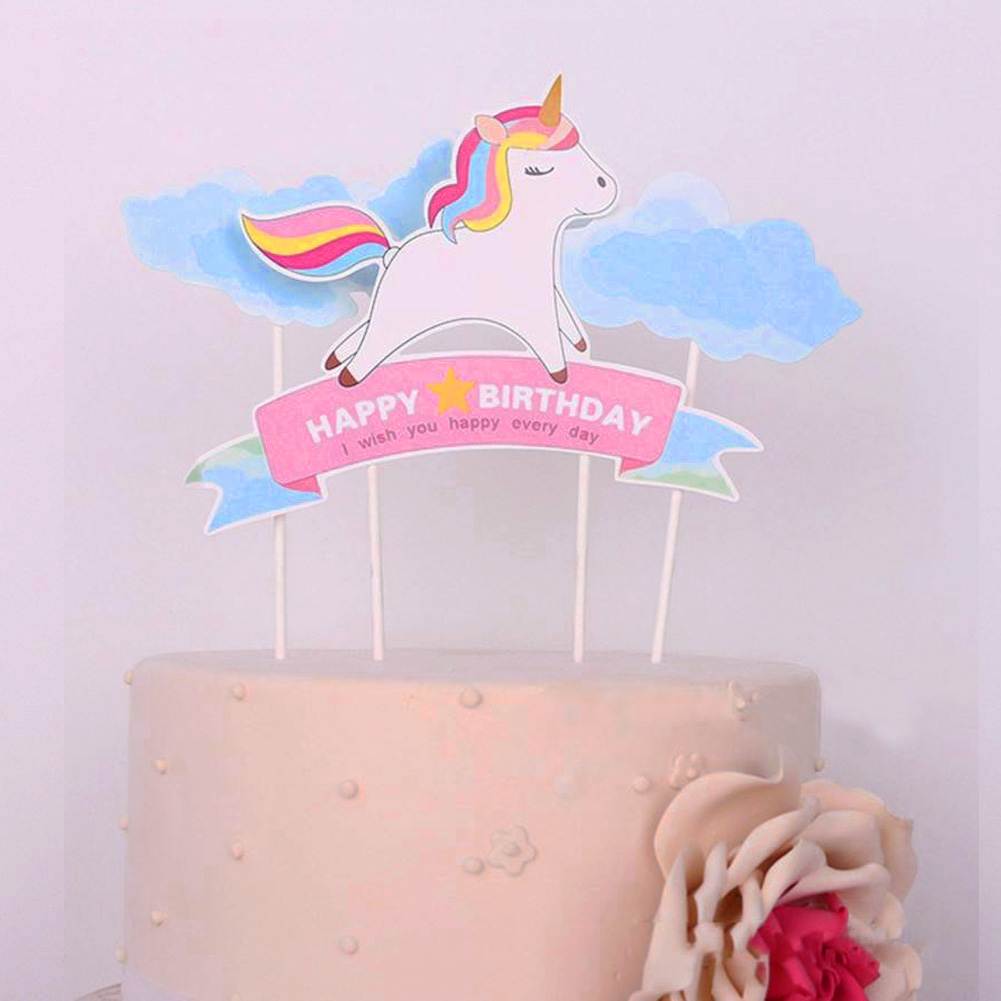 Set trang trí bánh Happy Birthday ngựa một sừng