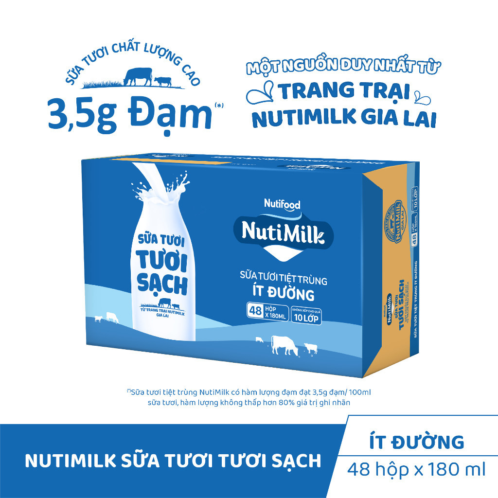 Thùng Sữa Tươi Tiệt Trùng Nutimilk Ít Đường 180ml (Hộp 180ml x 48)