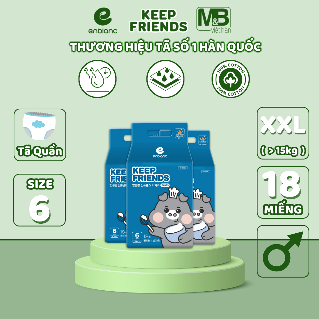 Combo 3 Bịch Tã Quần Cao Cấp Hàn Quốc ENBLANC KEEP FRIENDS Mỏng Nhẹ, Thấm Hút Siêu Nhanh Cho Bé Trai Size XXL 18 Miếng