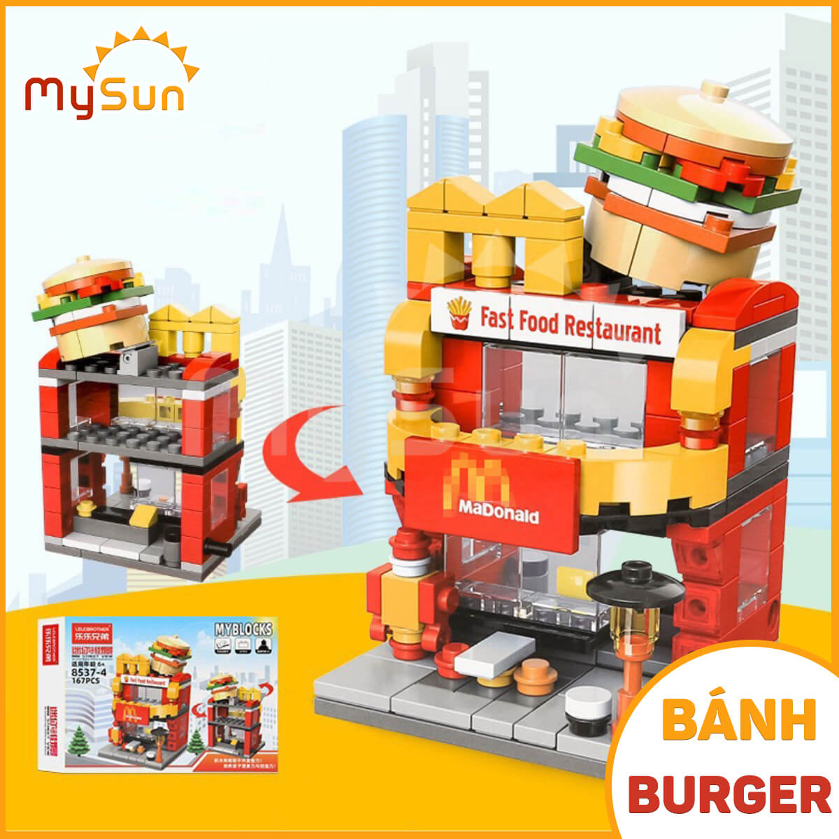 Đồ chơi xếp lắp ghép mô hình nhà hàng, siêu thị, cà phê thành phố city sáng tạo cho bé gái, trai MySun