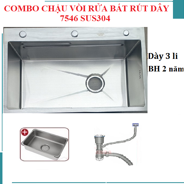 Chậu rửa bát 1 hố sus304 7546 Valenza dày 3li kèm vòi rửa bát rút dây nóng lạnh 01, bộ xả, khay inox, bình nước rửa chén, dụng cụ rửa ly cốc