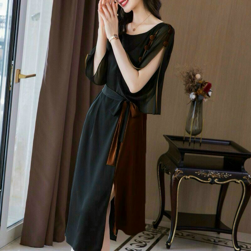 ĐẦM SUÔNG TAY XẺ PHỐI MÀU ĐEN NÂU