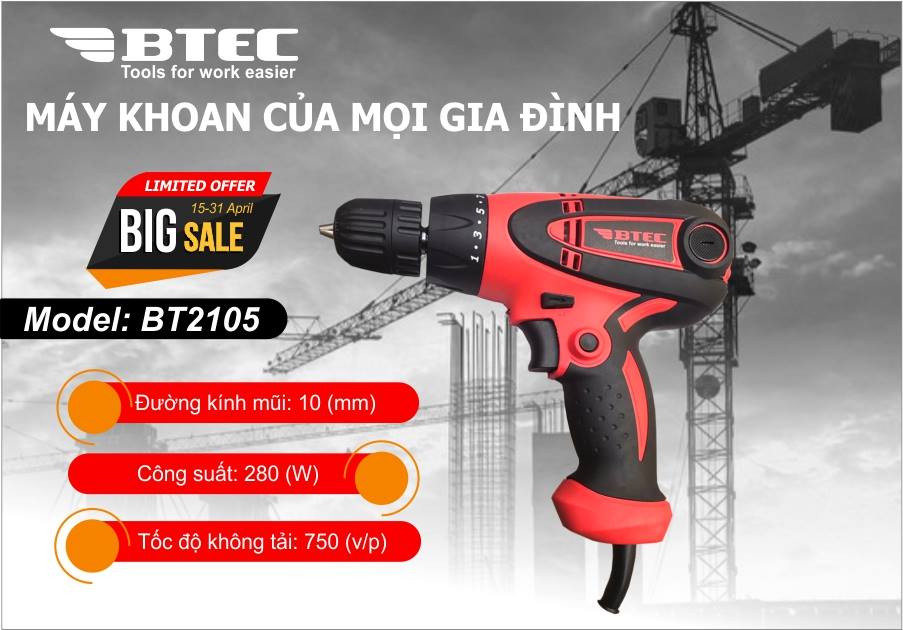 MÁY VẶN VÍT DÙNG ĐIỆN BTEC 10MM 280W BT-2105- HÀNG CHÍNH HÃNG