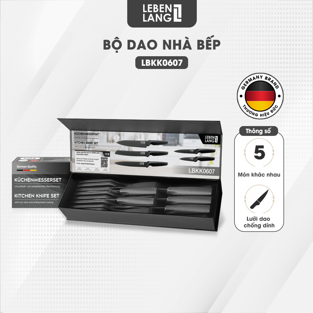 Bộ dao nhà bếp 5 món LEBENLANG LBKK0607 chống dính không gỉ, tay cầm chống trơn - hàng chính hãng