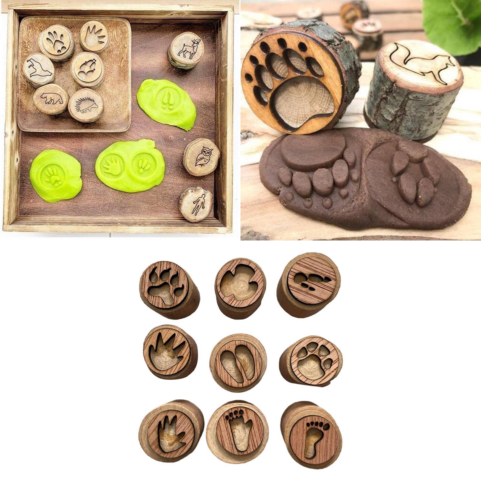 9Pcs Wooden Stamp Set Animals Foot Print Stamp Handmade Painting Animals Paw Stamp Animal Track Stamps for Clay, Planner, Teachers, Card Making