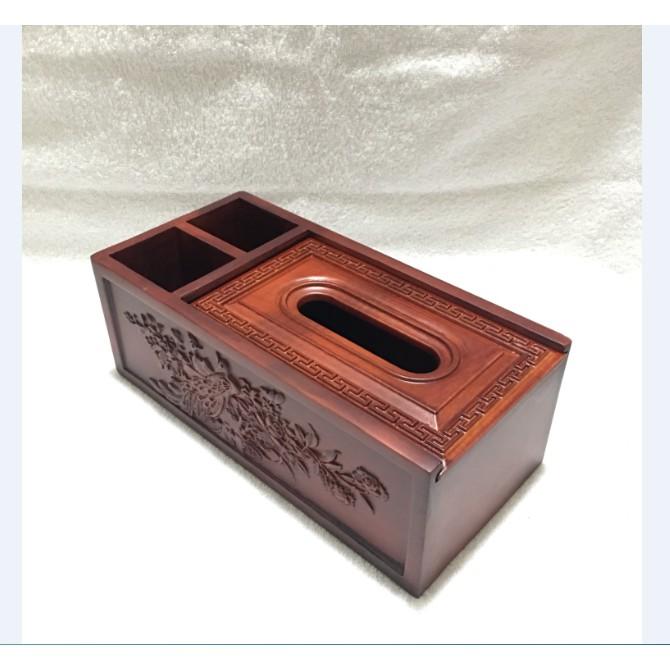 Hộp đựng giấy ăn 3 ngăn 2IN1 GỖ HƯƠNG ĐỎ chạm thành siêu đẹp - LOẠI TO