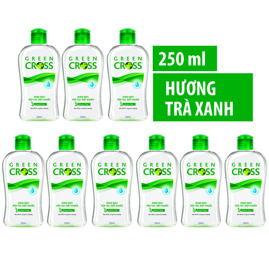 Combo 9 chai Nước Rửa Tay Khô Diệt Khuẩn Green Cross Hương Trà Xanh Chai 250ml + TẶNG 2 chai Nước Xả Vải VEL 800ml Hương Thanh Khiết cho bé