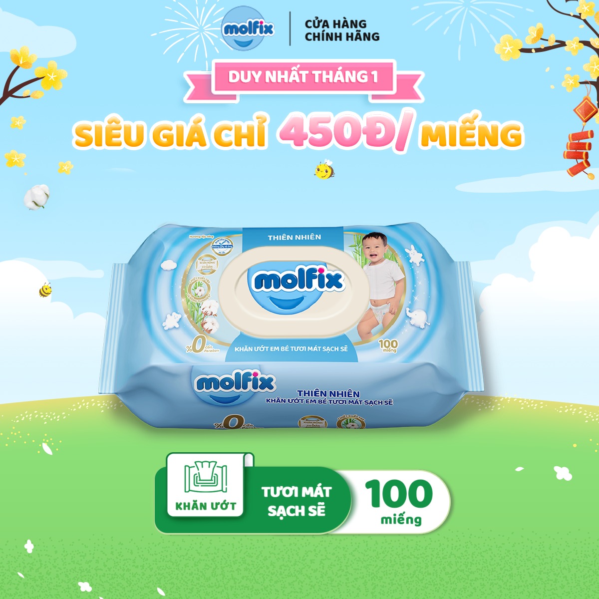 Khăn ướt Molfix Thiên nhiên Tươi Mát Sạch Sẽ - Gói 100 miếng