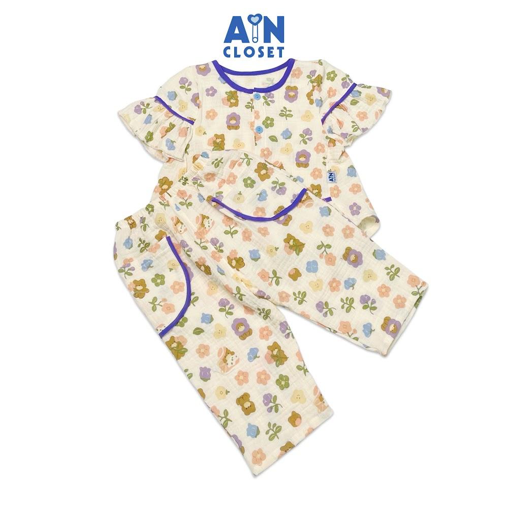 Bộ quần áo dài tay ngắn bé gái họa tiết Bé Gấu Hoa Tím xô muslin - AICDBGCB3EO2 - AIN Closet