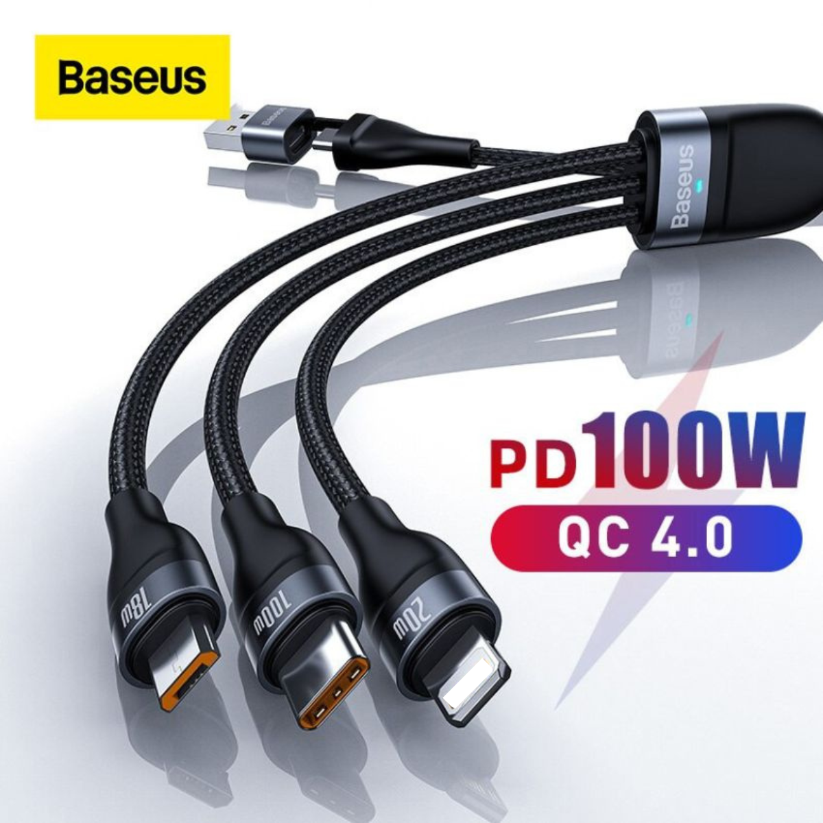 Cáp sạc nhanh 3 đầu CASS030101 Baseus Flash Series Ⅱ PRO Two-for-three Charging Cable U+C to M+L+C 100W, 1.2m, QC 4.0- Hàng chính hãng