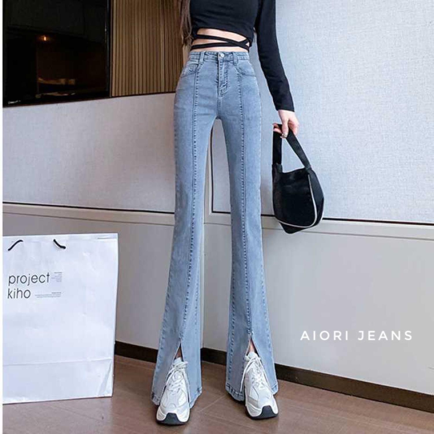 Quần Jean Nữ Aiori Ống Loe Cạp Cao Bò Bass Trơn Dáng Dài Xẻ Lai Vải Co Giãn Mềm Mịn Form Cực Sang Chảnh Mã