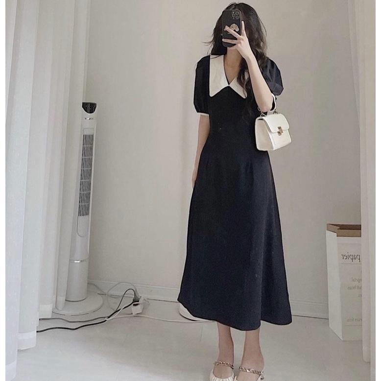 Đầm đen cổ trắng form dài