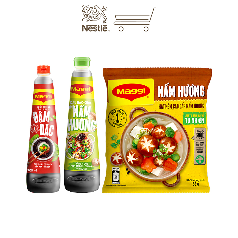 Combo chay Maggi: 1 Hạt nêm nấm hương chay 450g + 1 dầu hào 820g + 1 Nước tương đậm đặc 700ml