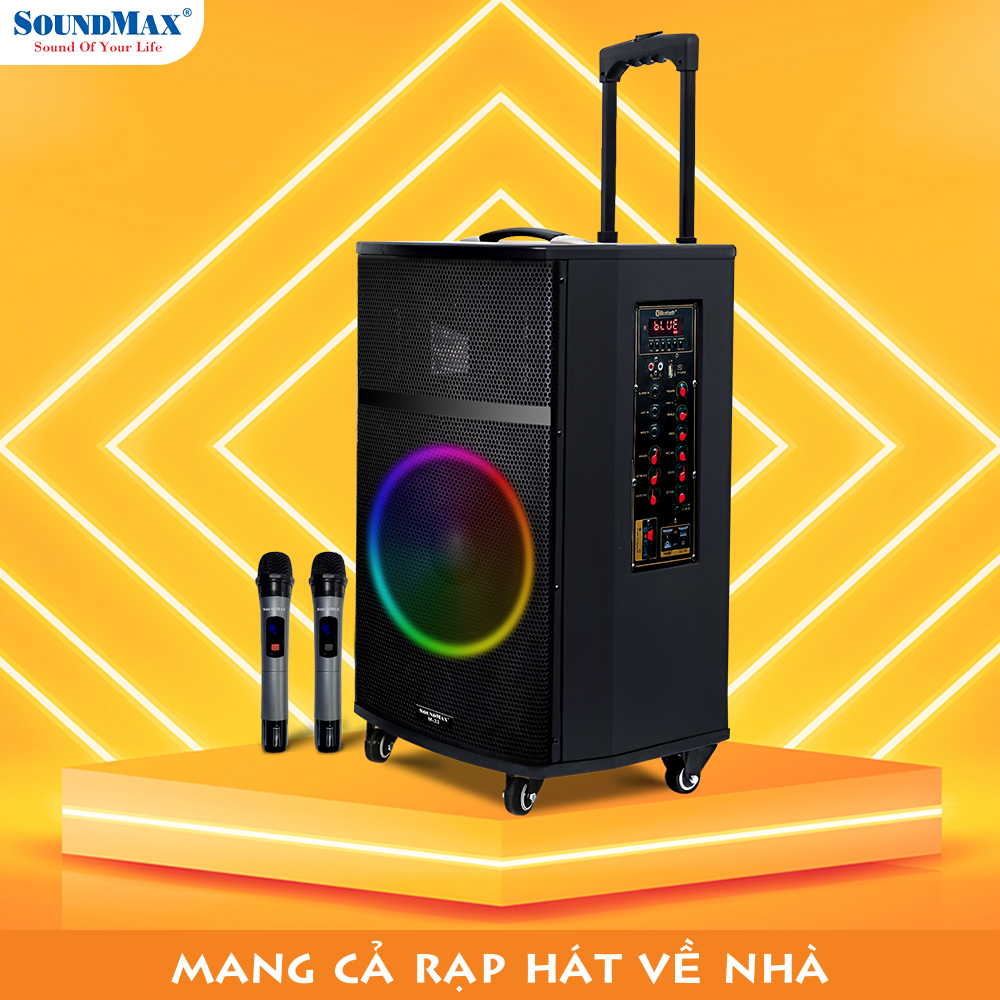 Loa Karaoke Di Động SoundMax M-33 | Loa Bluetooth SoundMax M33| Trolley Speaker | Công suất 100W, Bass 12" | Hỗ trợ USB, Thẻ Nhớ TF, Đèn LED RGB | Tặng 2 Micro Không Dây | Ngõ Vào Guitar - Hàng Chính Hãng