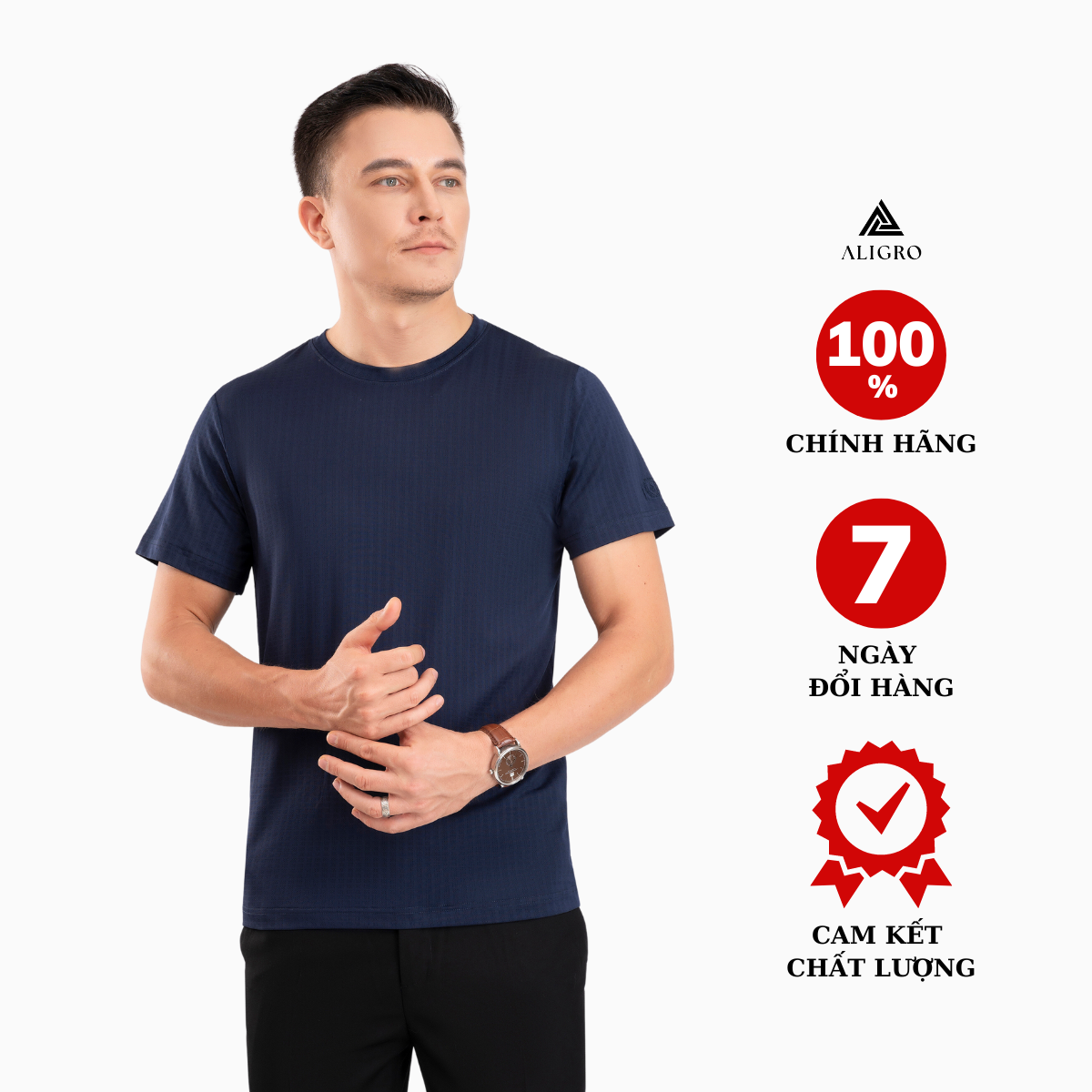 Áo phông cộc tay ô chấm màu navy ALGAPC074