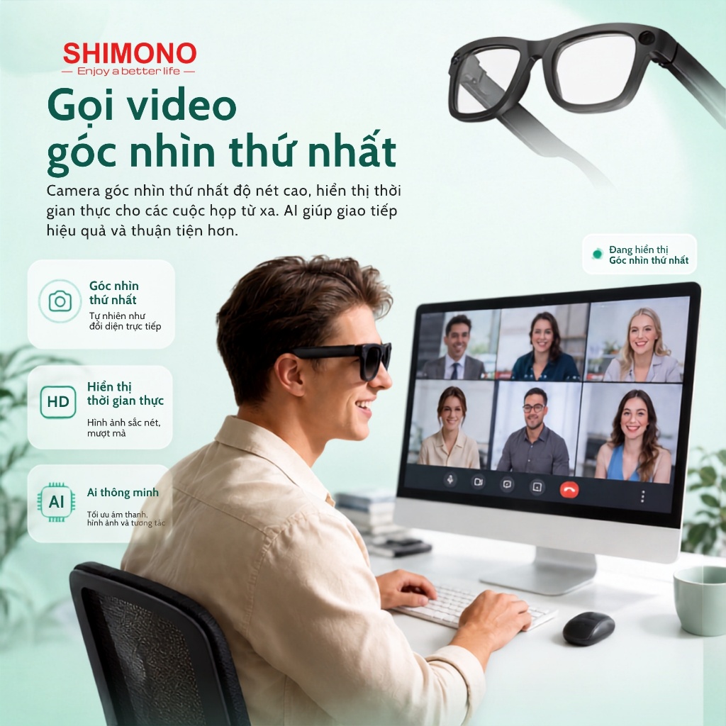 Kính AI Dịch Thuật Realtime SHIMONO-E9 Camera 8MP Bluetooth Nghe Nhạc Đàm Thoại, Ghi Âm, Quay Chụp Hàng Chính Hãng