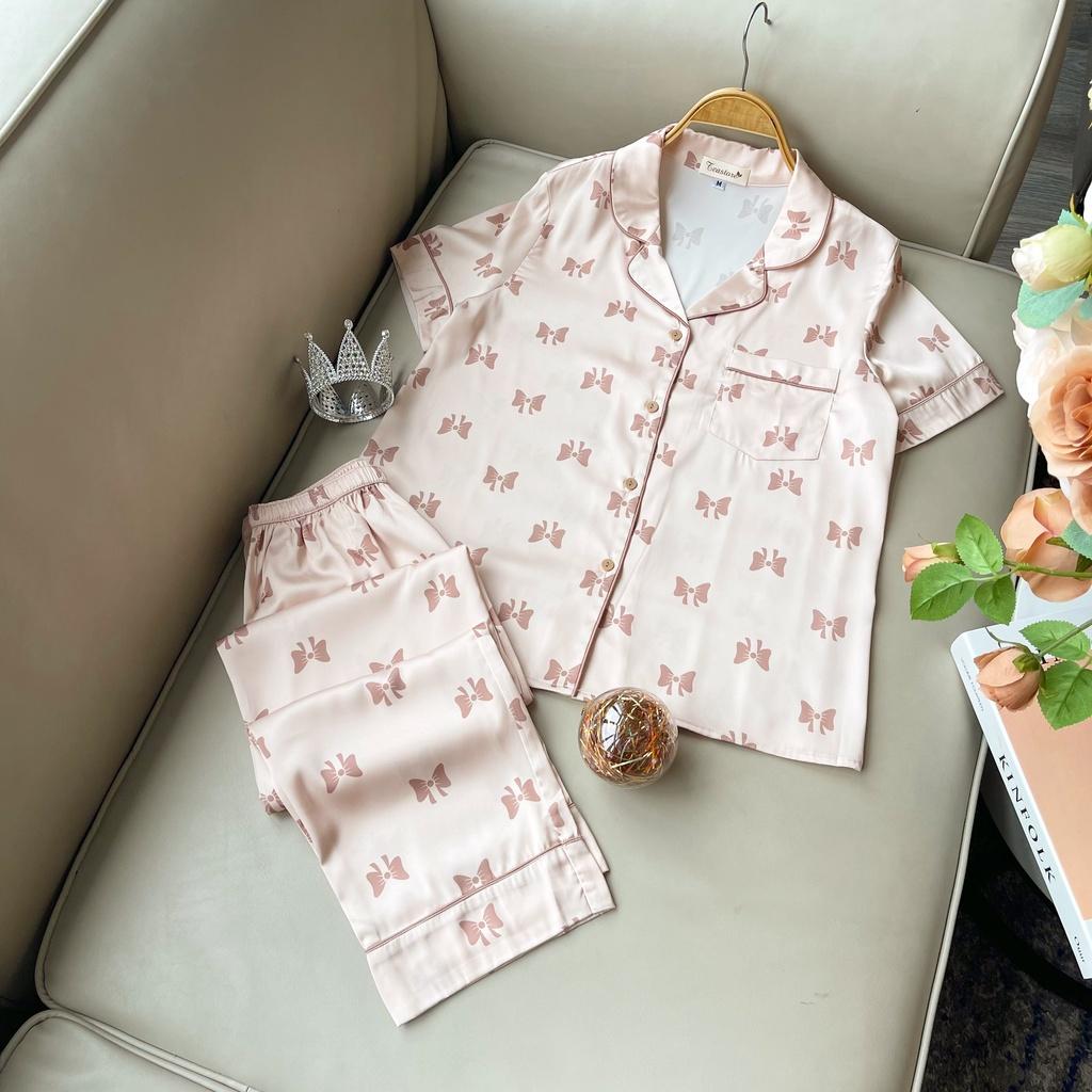 Bộ mặc nhà pyjama lụa cao cấp Tea Store tay dài quần dài họa tiết Tim sang trọng