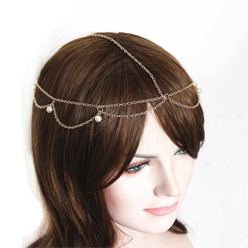 Women Charming Gold Layered Faux Pearl Hairband Head Chain Hair Accessories Jewelry