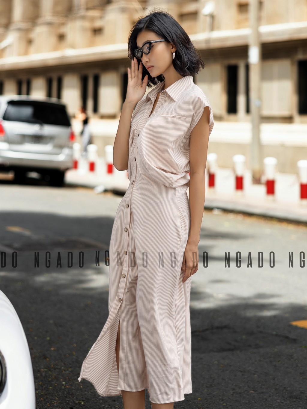 Đầm sơ mi sọc cam NGADO, Đầm suông, Đầm vintage, Đầm dạo phố thiết kế