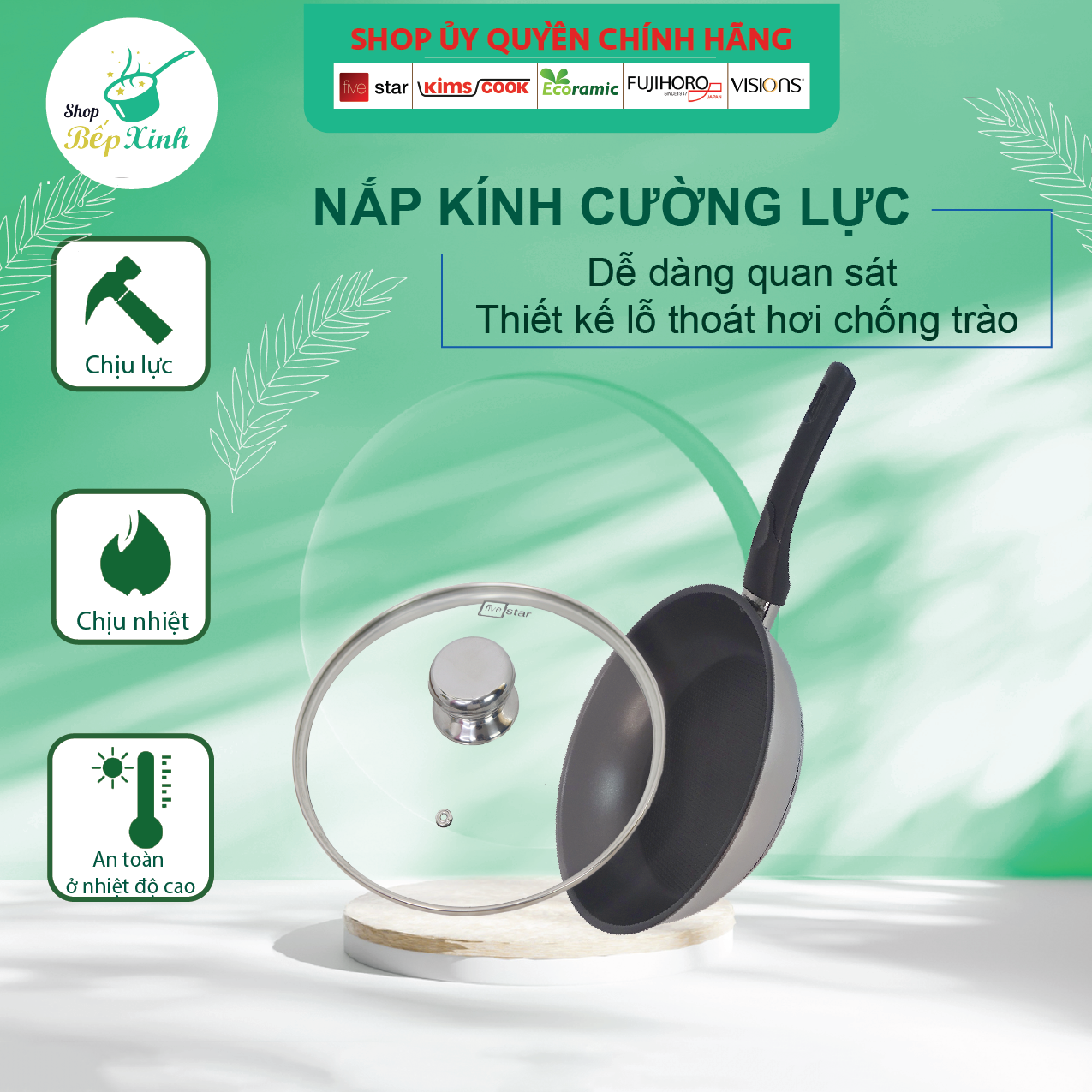 Chảo inox chống dính có nắp kính Fivestar Standard  3 đáy bếp từ tặng 5 muỗng ( 22cm / 24cm / 26cm / 28cm )