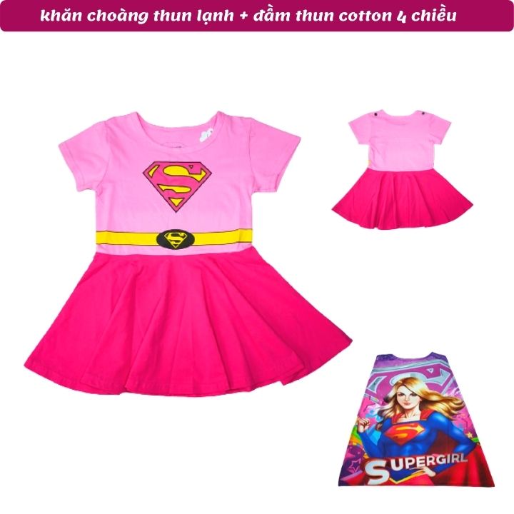 Đầm siêu nhân bé gái 11-26kg- Tặng kèm khăn choàng - thun cotton - thấm hút mồ hôi- Hình không bong tróc-Kiến Lửa