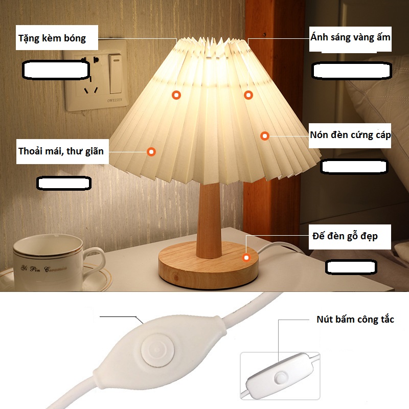 Đèn ngủ để bàn vintage gỗ hình nấm sang trọng dây sạc usb tiện lợi