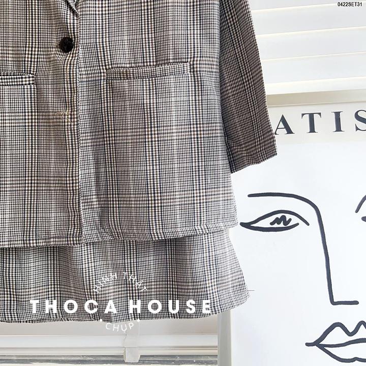 Set áo vest nữ phối chân váy caro túi mổ THOCA HOUSE hàng may thiết kế chuẩn form chuyên nghiệp