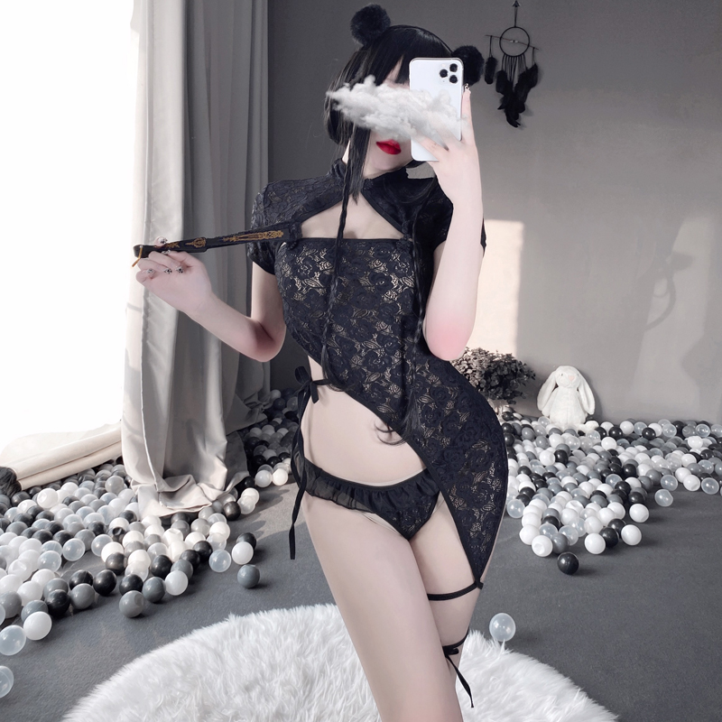 Váy ngủ sườn xám tà lệch dây cột chéo sexy cao cấp Q452 - Đầm ngủ cosplay sườn xám quyến rũ - Đồ ngủ mạc nhà