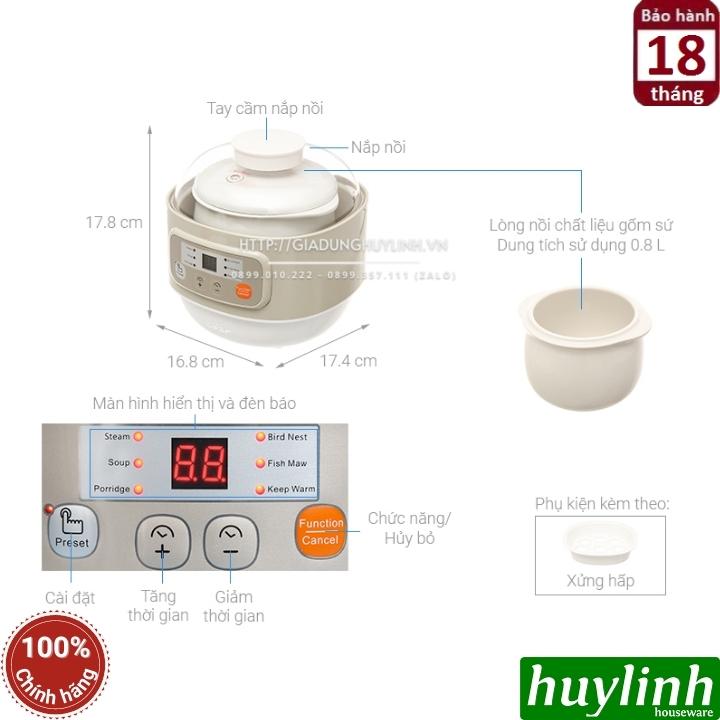 Nồi nấu chậm - chưng yến - nấu cách thuỷ Bear DDZ-A08D1 [A08G2] - 0.8 lít - Kèm xửng hấp - Hàng chính hãng