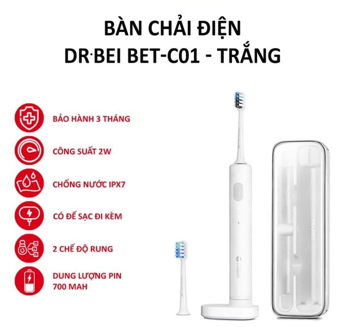 Bàn chải đánh răng điện DR.BEI BETC01 kháng nước IPX7 - Hàng nhập khẩu