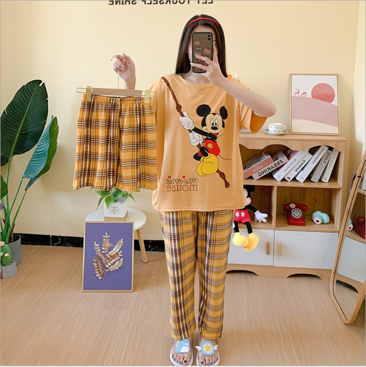 Bộ đồ bận nhà hoạt hình thun cotton mát siêu đáng yêu gồm 1 áo 1 quần ngắn 1 quần dài BK10