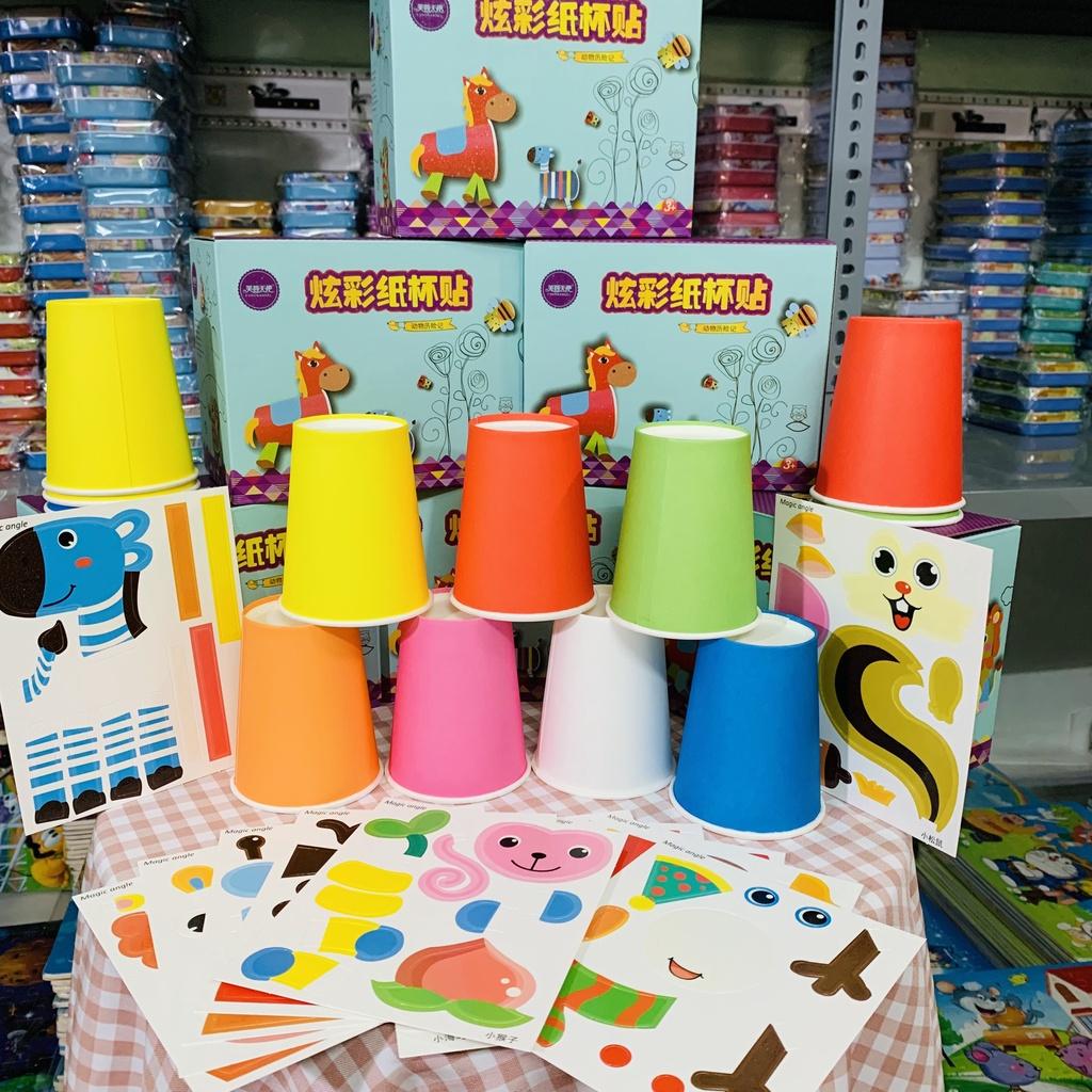 Set 12 cốc dán giấy thủ công động vật cho bé đồ chơi dán màu thủ công tạo hình ly giấy