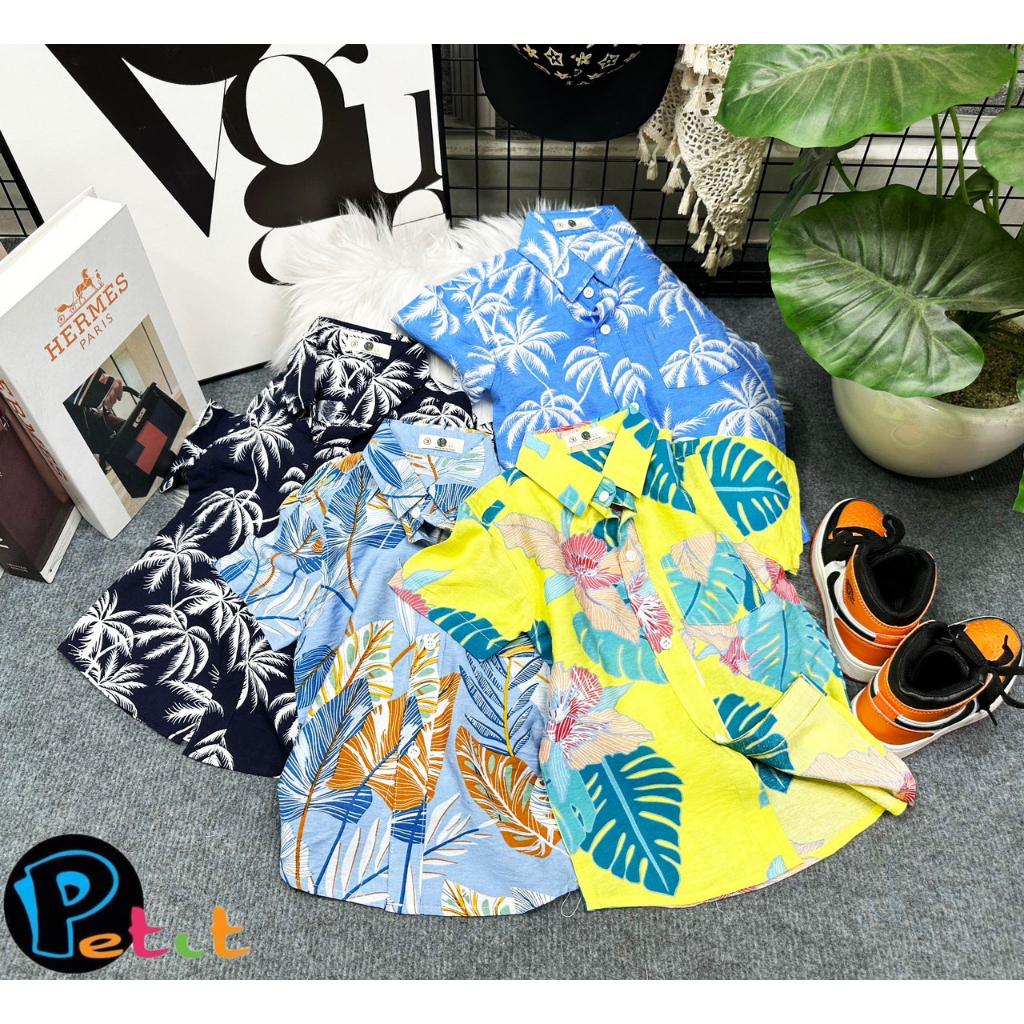 Áo sơ mi cho bé trai hoa lá phong cách hawai du lịch đẹp size 25-60kg chất vải mềm mát